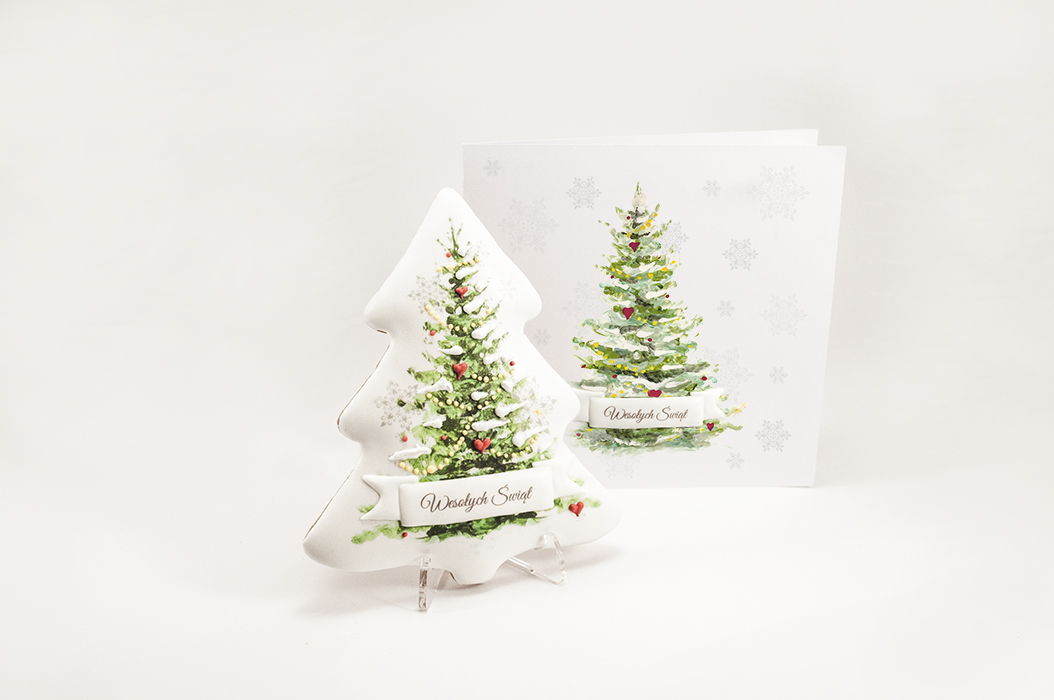 Choinka z piernika z życzeniami, pieniki bożonarodzeniowe, lukrowane pierniczki, kartka świąteczna z pierniczkiem